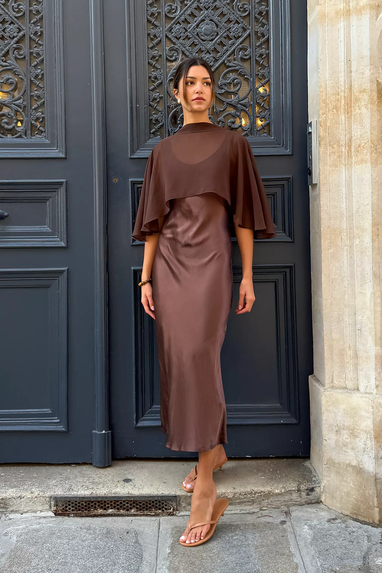 By Anthropologie Casey Cape Overlay Satin Midi Dress | Anthropologie (UK)