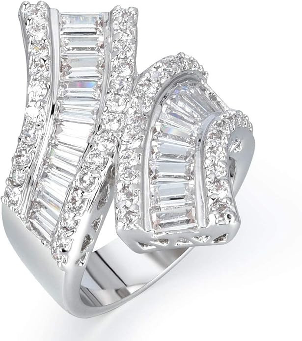 Jewelry Silver Tone Rhodium Plated Cubic Zirconia Double-Band Curved Ring | Amazon (US)