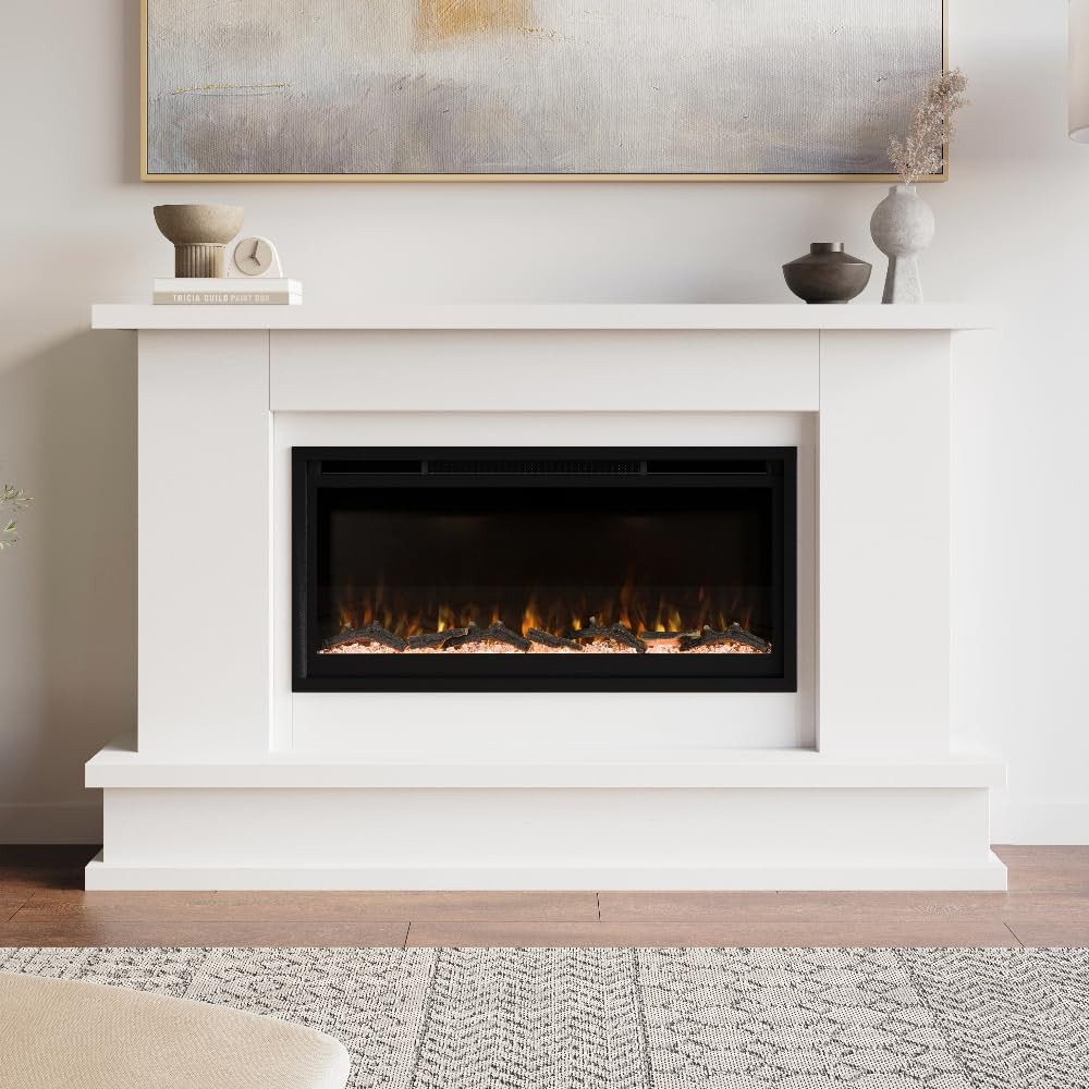 Patton White Mantel Package 64" W x 42" H with 42 Inch Electric Fireplace - 5 Flame Colors, 10 Ember Bed Colors, Log Kit & Crystal Embers | Alexa/WiFi Enabled | Amazon (US)