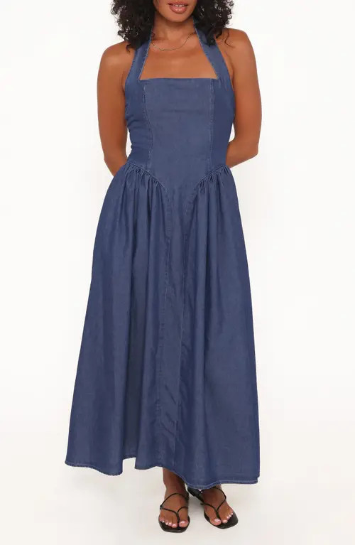 Petal & Pup Milford Halter Neck Midi Dress in Dark Denim at Nordstrom, Size X-Large | Nordstrom