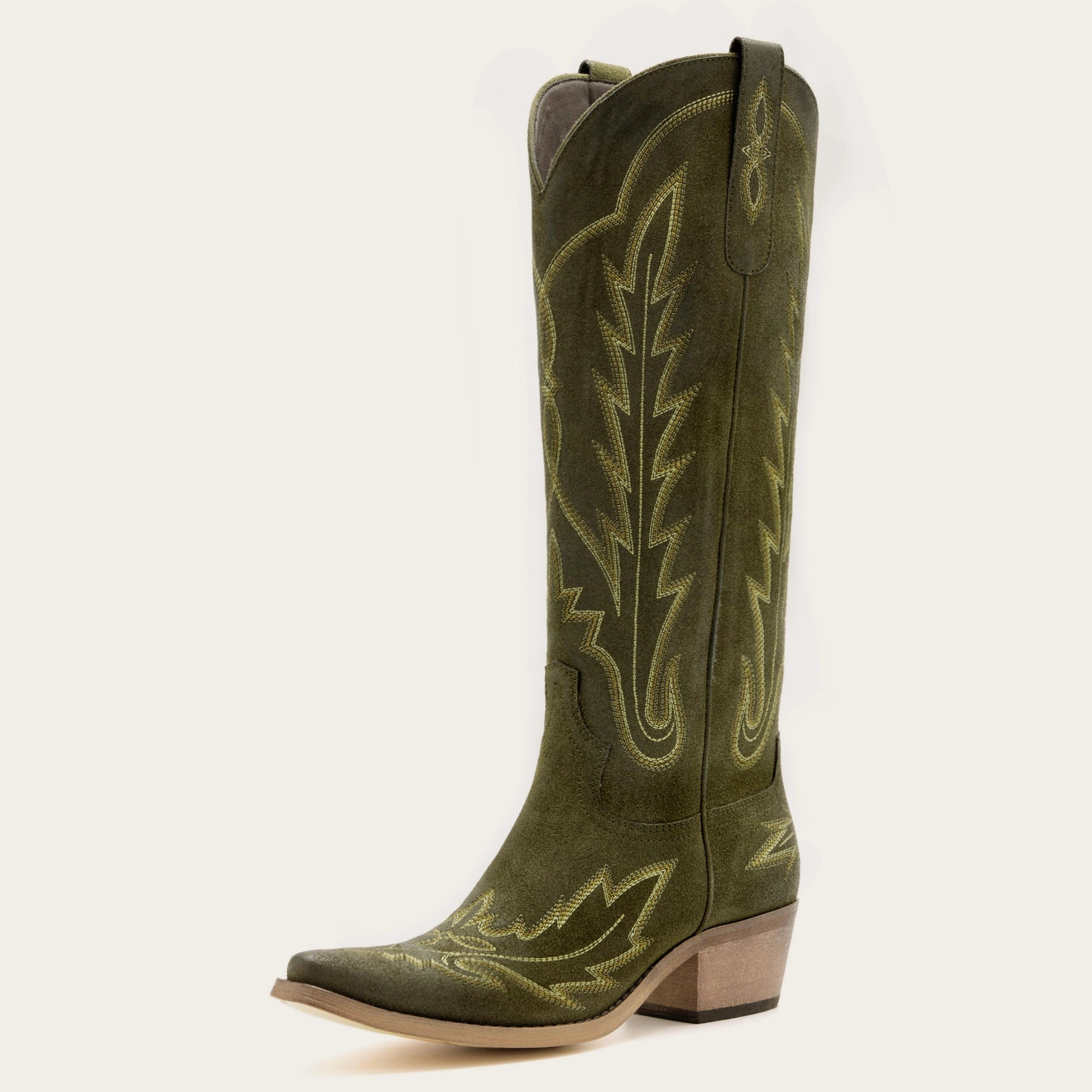REDTOP Olive Suede Classic Tall Cowgirl Boots with Embroidery - The Rosemary | REDTOP