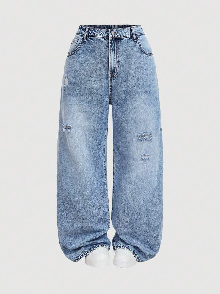 SHEIN MOD Plus Size Gray Ripped Straight Leg Casual Jeans | SHEIN