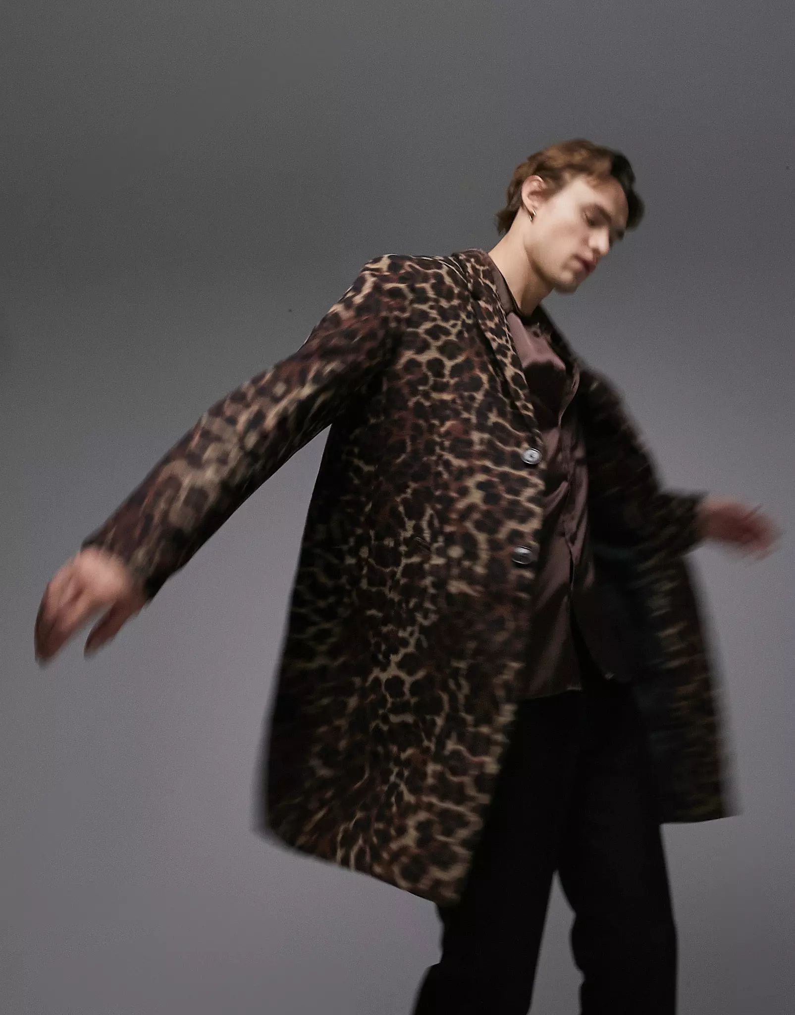 Topman leopard print longline over coat with wool in brown | ASOS (Global)