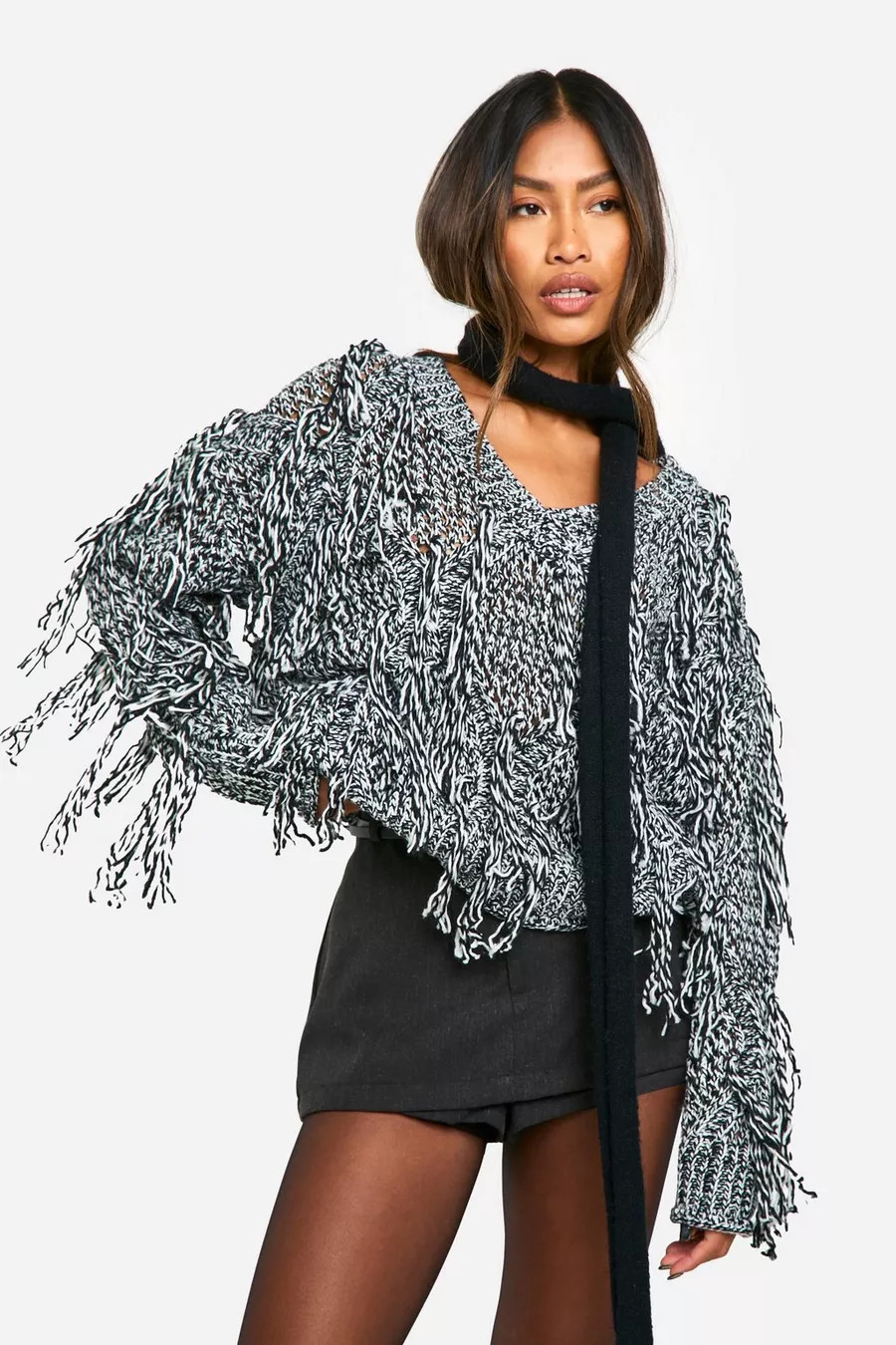 Knitted Marl Fringe Detail Sweater | boohoo (US & Canada)