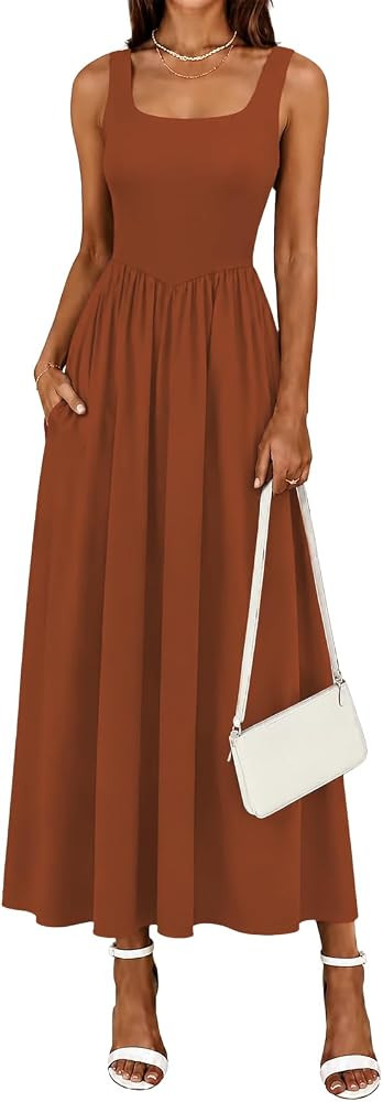 YUNDAI Elegant Sleeveless Midi Dress for Women: with Pocket Flowy A-Line Scoop Neck Summer Dress | Amazon (US)