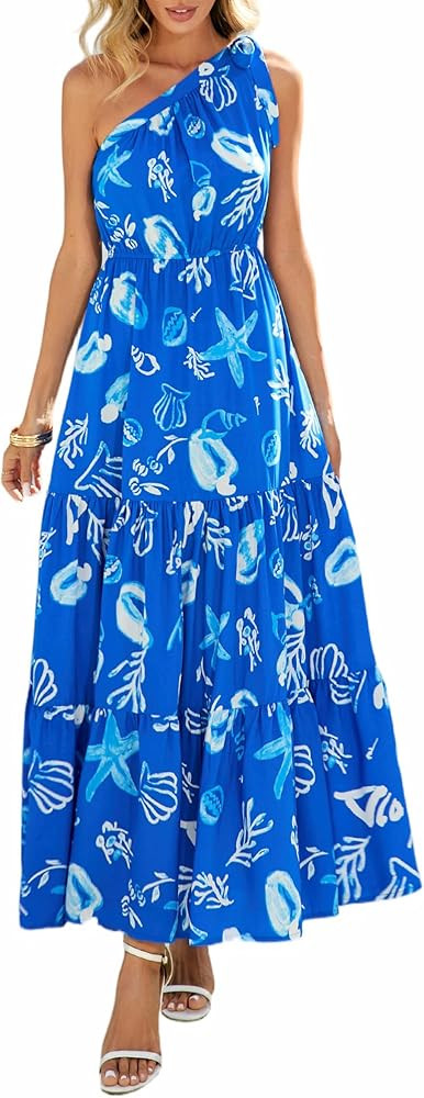 PRETTYGARDEN Women's Summer Floral One Shoulder Maxi Dress Knot Ruffle Boho Beach Vacation Weddin... | Amazon (US)