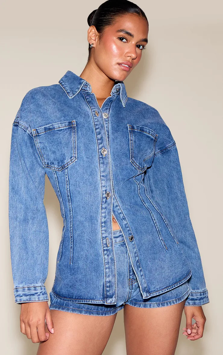 PrettyLittleThing Mid Blue Wash Seam Detail Cinch Waist Longline Shirt | Boohoo USA | boohoo (US & Canada)
