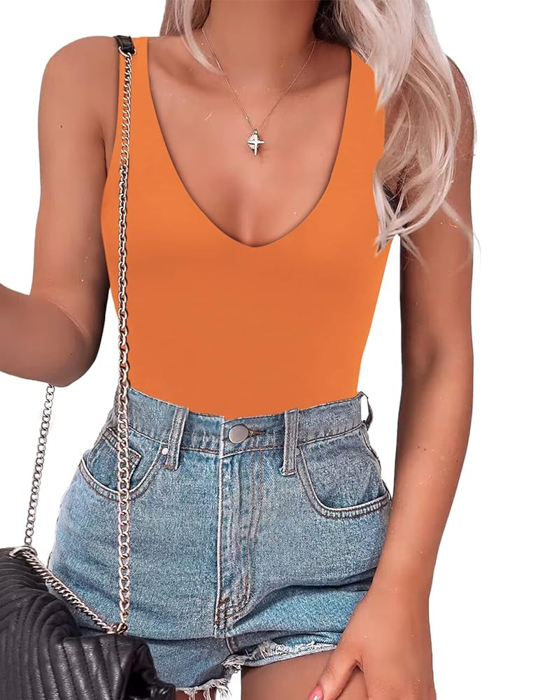 SAUNGKUAI Women’s Bodysuit Sexy Plunge Deep V Neck Backless Sleeveless Tank Thong Body Suits Ou... | Amazon (US)