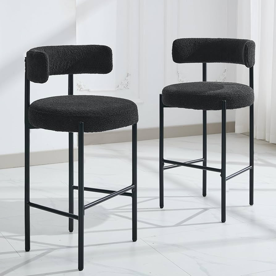 28'' Boucle Bar Stools Set of 2, Black Bar Stools with Backs, Bar Height Stools for Kitchen Islan... | Amazon (US)