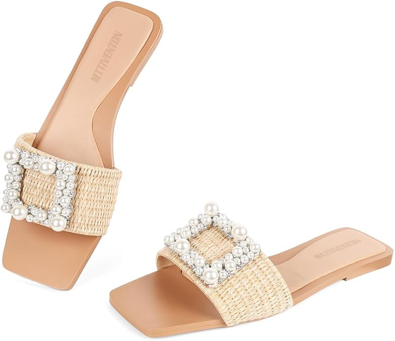 Mattiventon Flat Straw Slides For Women Dressy Sandals Woven Nude Sandals Raffia Open Toe Summer ... | Amazon (US)