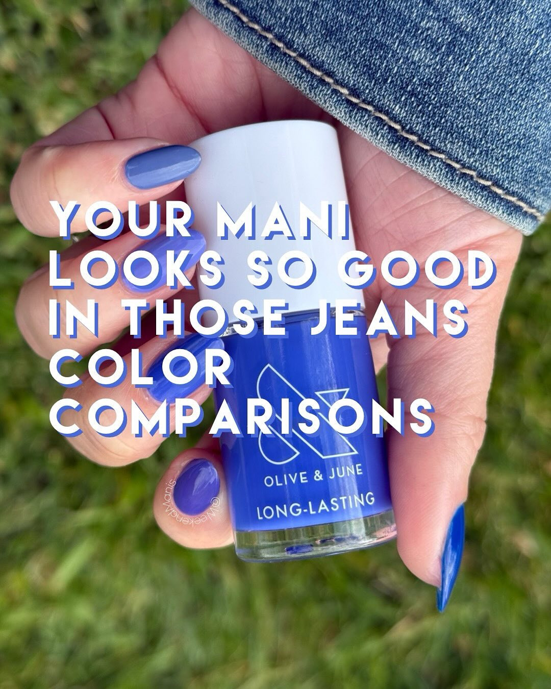 Your Mani Looks So Good In Those Jeans (Gifted)

My favorite shade from the new @oliveandjune Spring collection is this bright deep blurple! It slots right in between existing blue and purple shades, and it is bright - but not as bright - as something like Can’t Lose. 👖

I can also see this as a shade that can be used in a lot of ombrés and skittles. How do you feel about this color? 💙

This is available in both Long-Lasting (regular) polish, as well as in gel. 💅

Olive & June colors used:
Pinky: CNH (Long-Lasting)
Ring: Royal (Quick Dry)
Middle: Your Mani Looks So Good In Those Jeans (NEW Long-Lasting)
Index: House of O&J (Long-Lasting)
Thumb: Blueberry Muffin (Long-Lasting)

Use CARINA20 for 20% off first Olive and June Systems. Link in bio ♥️ I am so grateful whenever you shop through my link, it allows me to continue to do these type of posts for you! 🙏

#ojnails #perfectnails #diymanicure #💅byPoppy #olivemymani #WeekendManis #quickdry #springnails #naturalnails #cuticlecare 
#oliveandjune #oliveandjunepartner #oliveyourmani #theinstantmani #pressonnails #ojnails #perfectnails #diymanicure #💅byPoppy #olivemymani #WeekendManis #quickdry #springnails #naturalnails #cuticlecare #oliveandjunelinedancingboots #oliveandjunebandanablue #oliveandjunerideintothesunset #oliveandjunerodeoqueen #oliveandjuneglittercowgirl #oliveandjuneYourManiLooksSoGoodInThoseJeans #oliveandjunecnnh #oliveandjuneroyal #oliveandjunehouseofoj #oliveandjuneblueberrymuffin #bluenails #purplenails #blurplenails