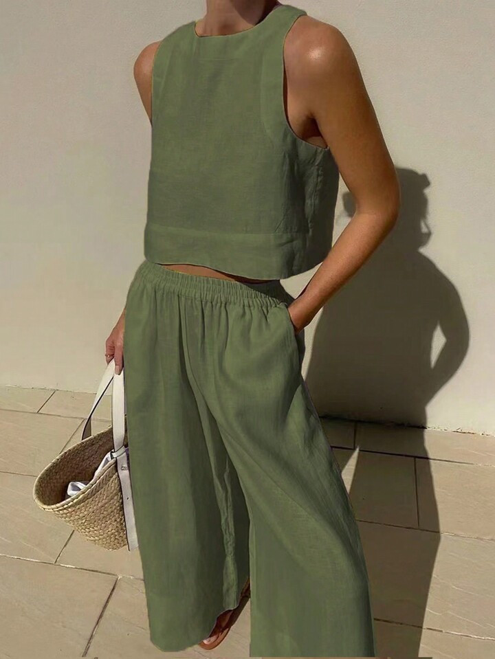 SHEIN LUNE Comfortable White Cotton & Linen Sleeveless Top And Cropped Pants Set | SHEIN