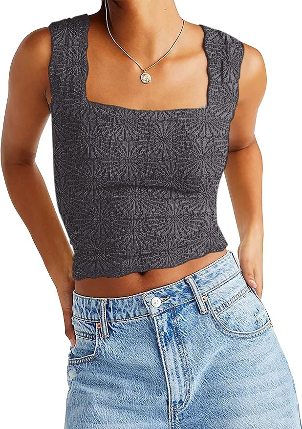 AIHUKOCY Women Square Neck Wide Strap Floral Crop Tank Top Sleeveless Lettuce Trim Solid Slim Cro... | Amazon (US)