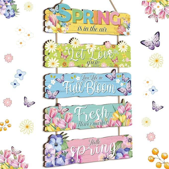 Patelai 5 Pcs Hello Spring Door Decor Easter Wooden Flowers Butterfly Welcome Hanging Sign Rustic... | Amazon (US)