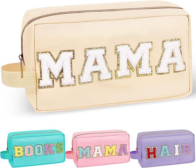 Amazon.com: Chenille Letter Makeup Bag Mama Pouch, Nylon Preppy Patch Makeup Bag Small Travel Mak... | Amazon (US)