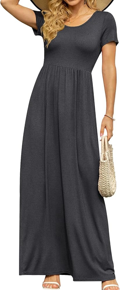DB MOON Women's Short Sleeve Maxi Dresses Casual Empire Waist Long Dress with Pockets | Amazon (US)