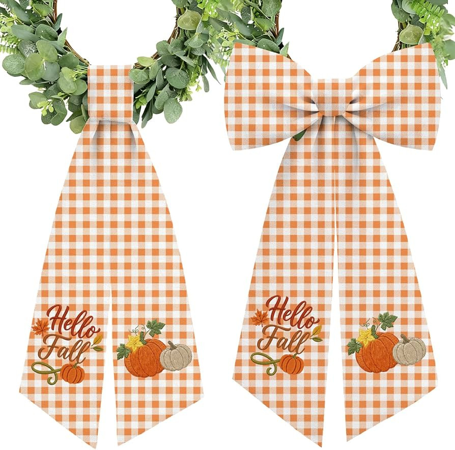 2 Pcs Fall Wreath Sash Plaid Pumpkin Hello Fall for Front Door Embroidery Ribbon Sash for Yard Po... | Amazon (US)