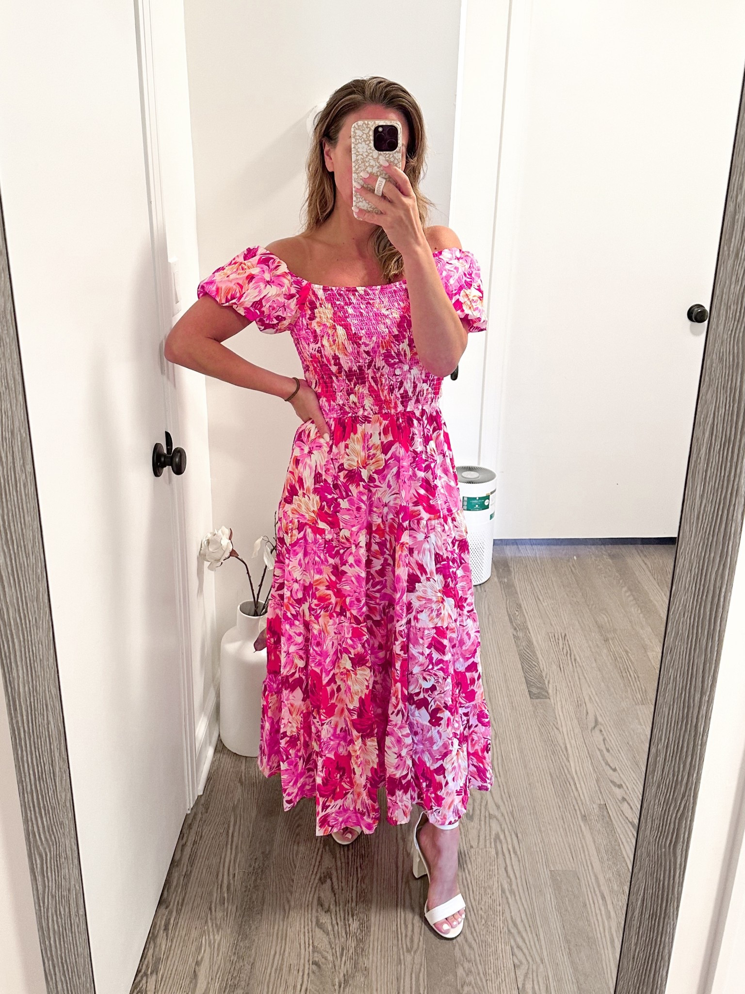Summer maxi dress. Easter dress off the shoulder puffy sleeves