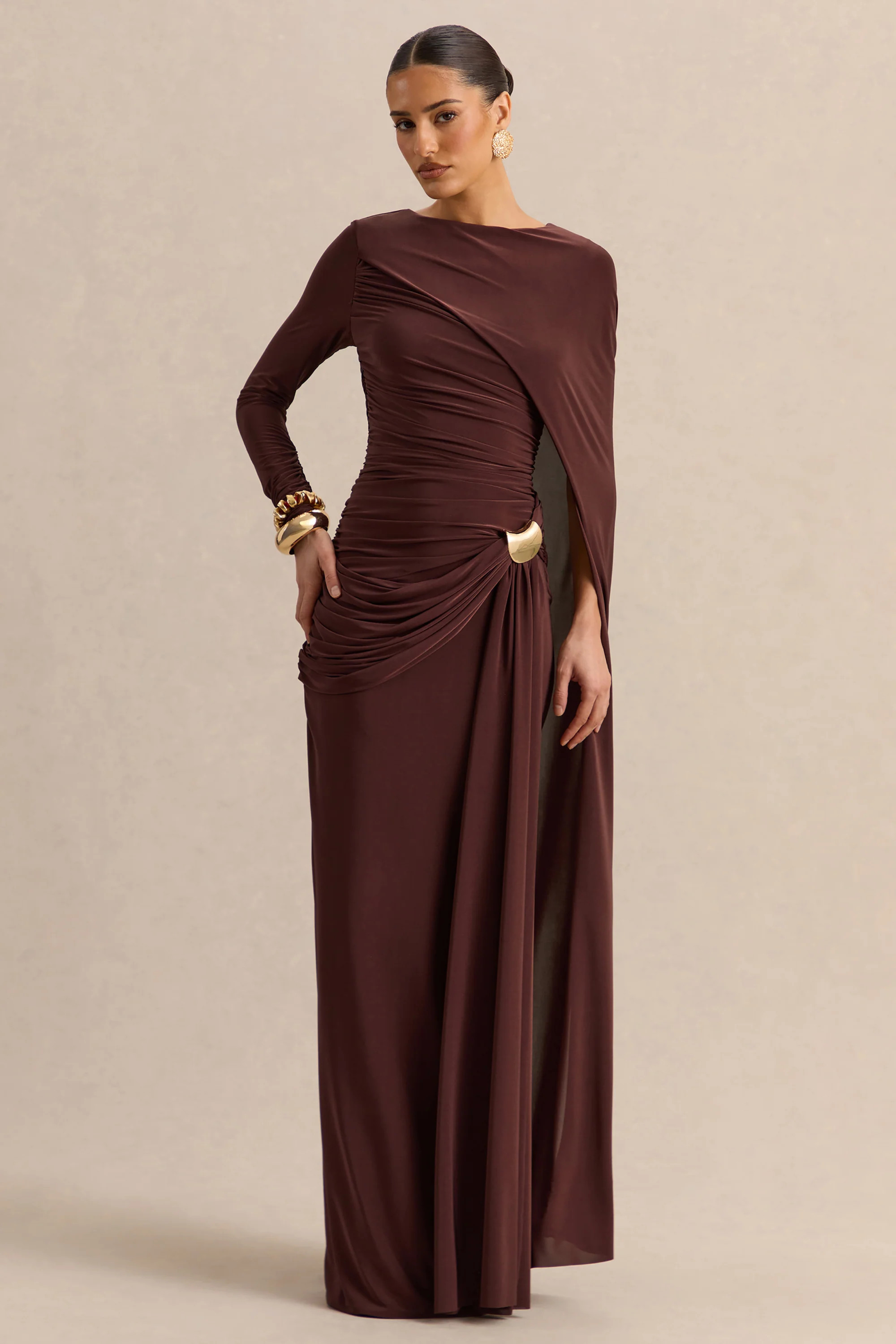 Orintha | Brown Slashed-Neck Maxi Dress With Cape And Gold-Detail | Club L London