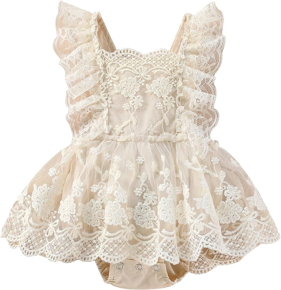 Murnouche Newborn Baby Girl Boho Lace Romper Dreamy Floral Embroidered Ruffle Princess Dress Boho... | Amazon (US)