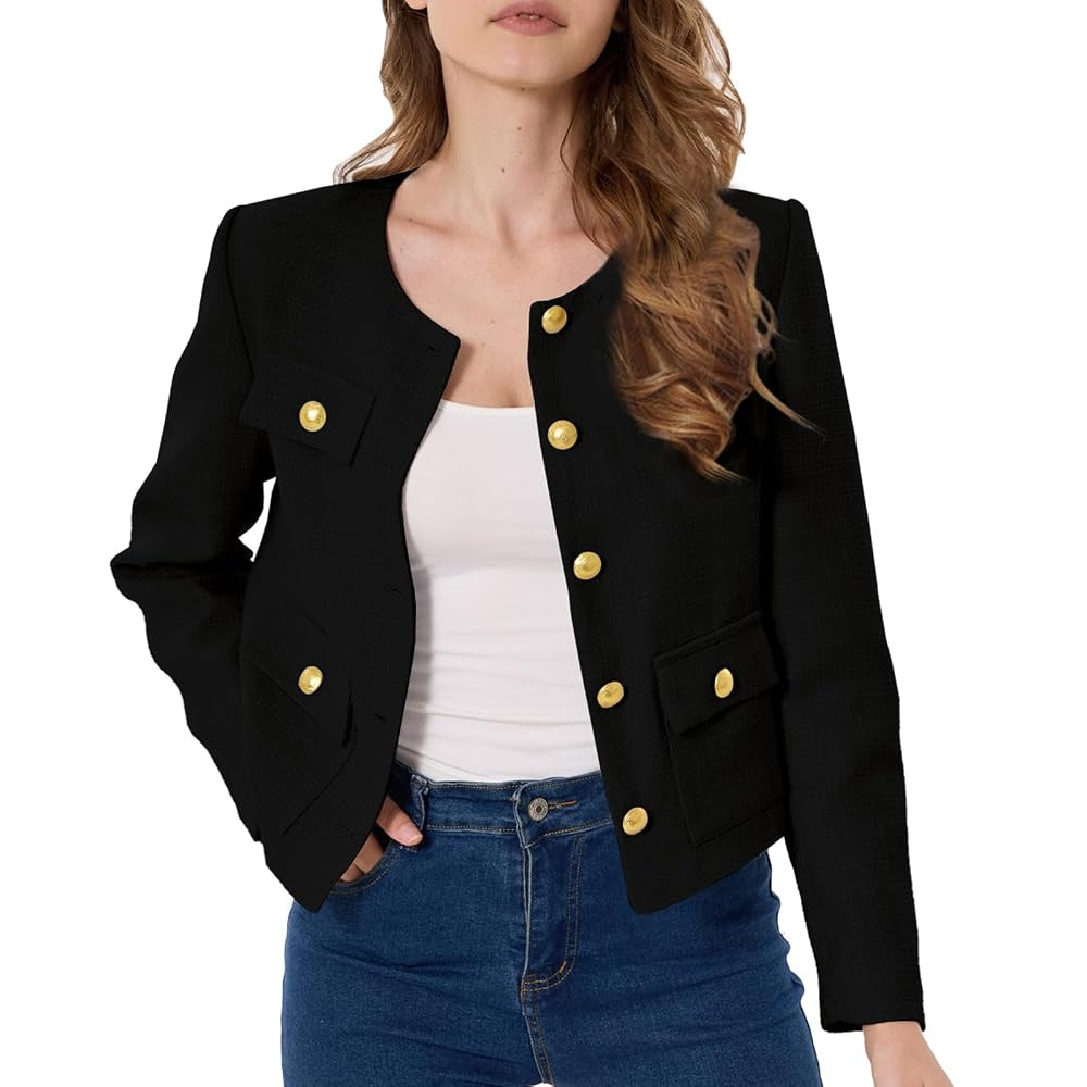 Women's Tweed Jacket Cropped Blazers Spring Summer Round Neck Business Work Office Plaid Jacket | Amazon (US)