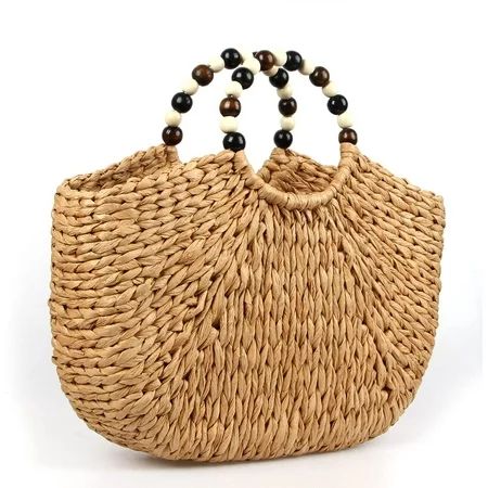 Borke Natural Straw Bag Hand Woven Casual Tote Bag Summer Beach Bag Bead decoration Handle Handbags  | Walmart (US)