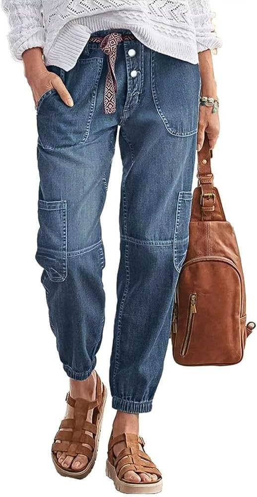 Flamingals Straight Leg Button Fly Jeans for Women Multi Pocket Mid Rise Jeans Without Belt Denim... | Amazon (US)