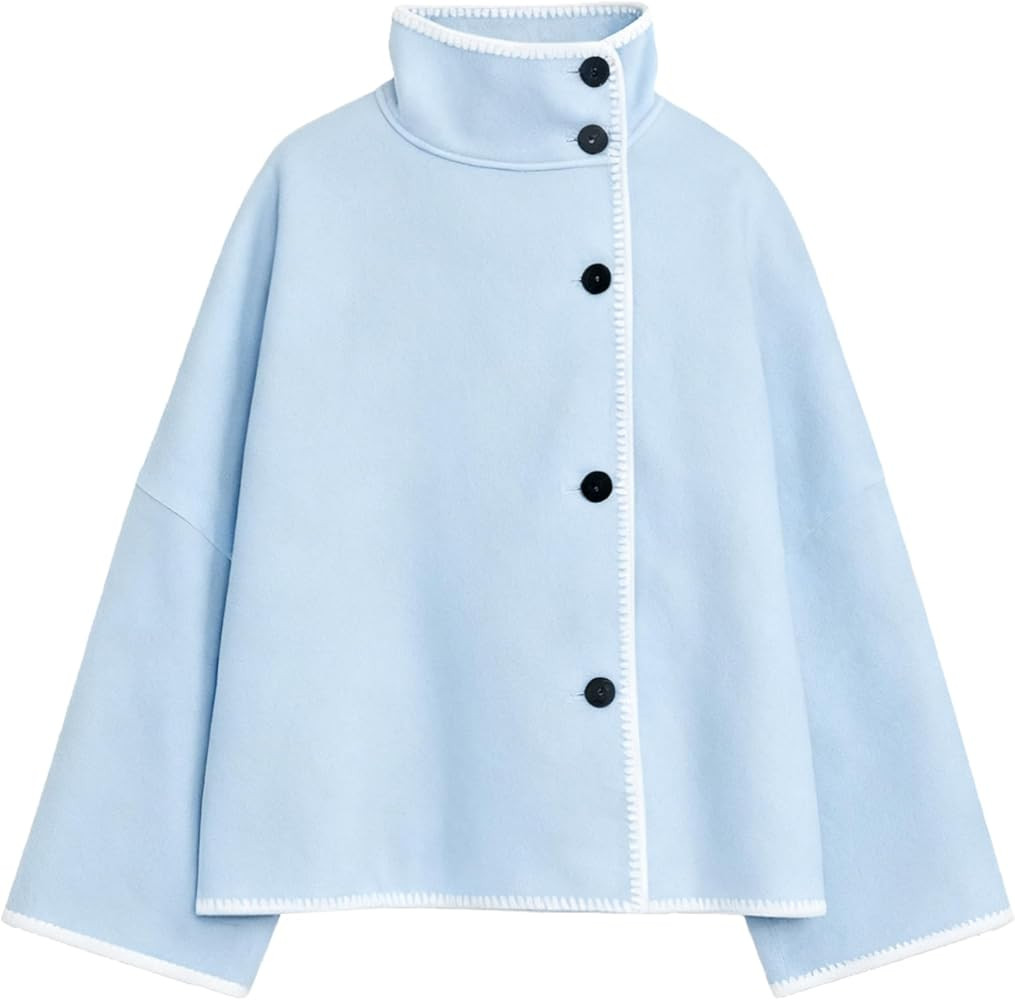 Womens Stand Collar Wool Coat Oversized Contrast Stitching Button Down Cropped Wool Blend Jacket ... | Amazon (US)