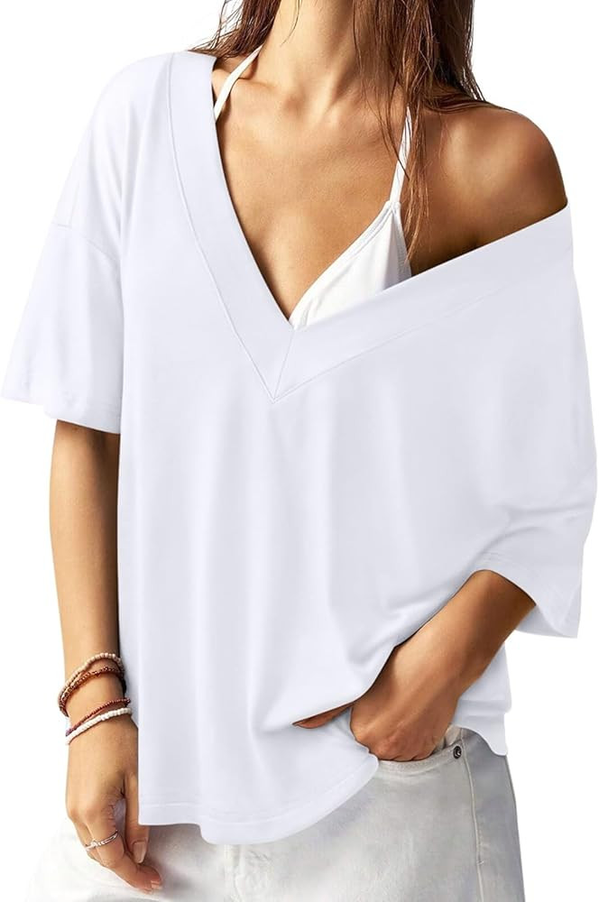 REORIA Women's Trendy Oversized V-Neck T Shirt Drop Shoulder Contrast Stitching Loose Fit Tops fo... | Amazon (US)