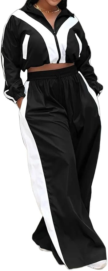 Angsuttc Track Suits for Women Set Color Block Two Piece Long Sleeve Cropped Jacket and Wide Leg ... | Amazon (US)