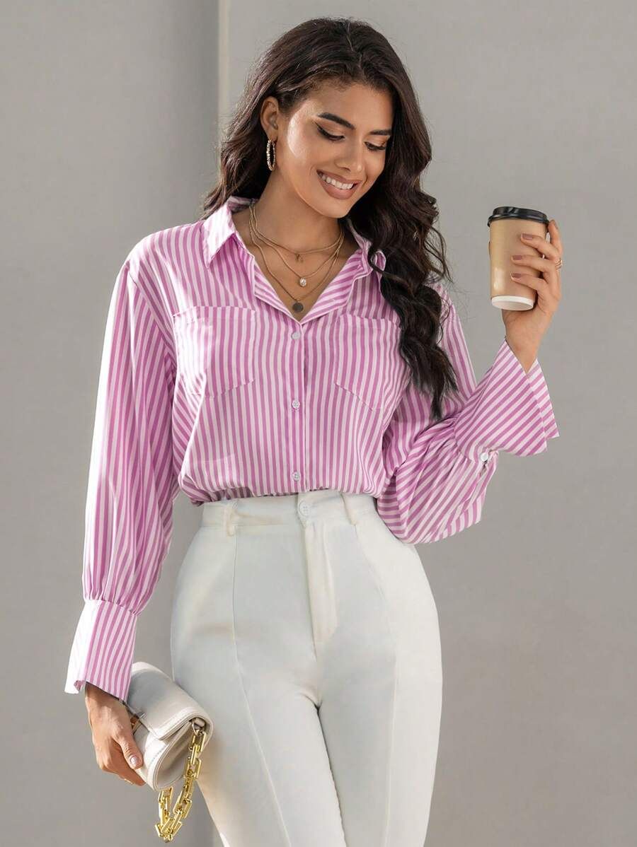 SHEIN BIZwear Front Pockets Striped Long Sleeve Shirt | SHEIN