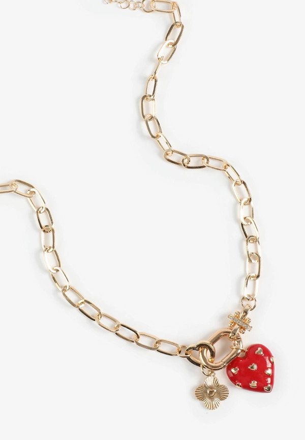 Red Studded Heart Oval Link Charm Necklace | Maurices