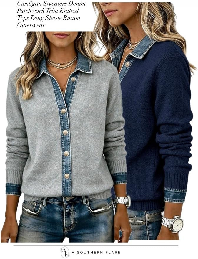 LILLUSORY V Neck Sweaters for Women Denim Collared Knit Polo Fall Outfits | Long Sleeve Pullover,... | Amazon (US)