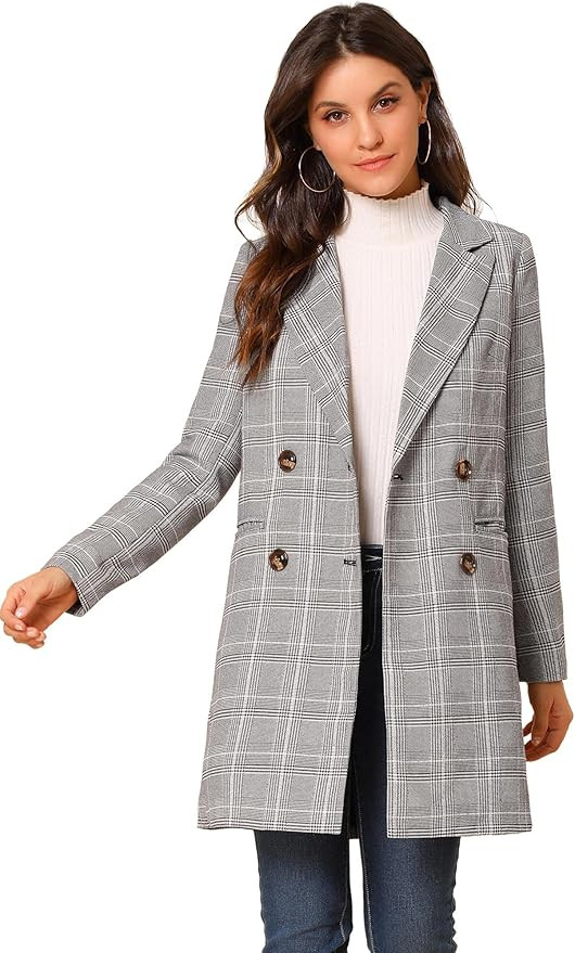 Allegra K Women's Double Breasted Notched Lapel Plaid Trench Blazer Coat | Amazon (US)