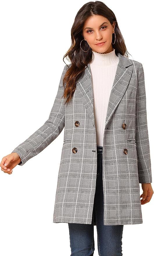 Allegra K Women's Double Breasted Notched Lapel Plaid Trench Blazer Coat | Amazon (US)