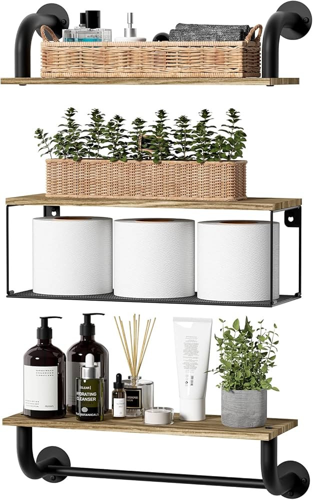 Tinpin Bathroom Shelves Wall Mounted, Industrial Pipe Shelves, Light Natural Wood Floating Shelve... | Amazon (US)