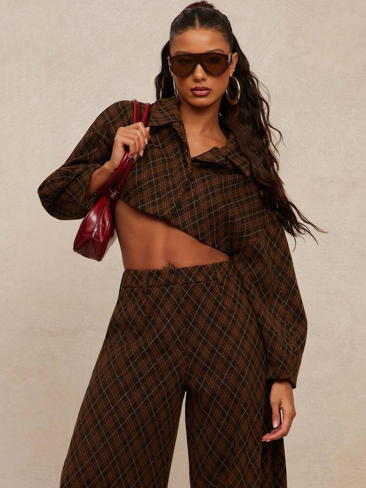 NYA SZN Thea Jacket Outerwear Long Sleeve Crop Collar Button Up Plaid Brown Black Festive Holiday Festival Event Streetwear Casual Party Carnival Outfits For Women | SHEIN