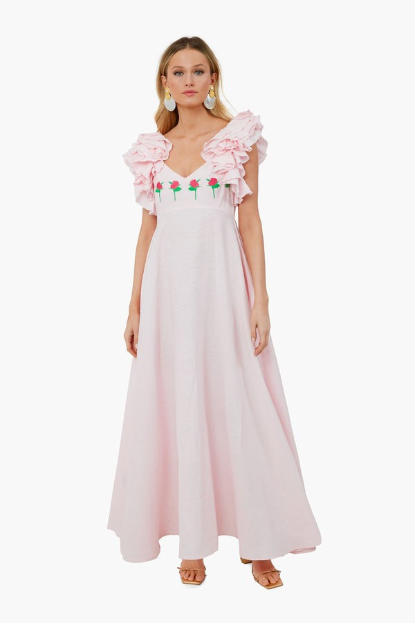 Light Pink Demre Linen Embroidered Maxi Dress | Tuckernuck (US)