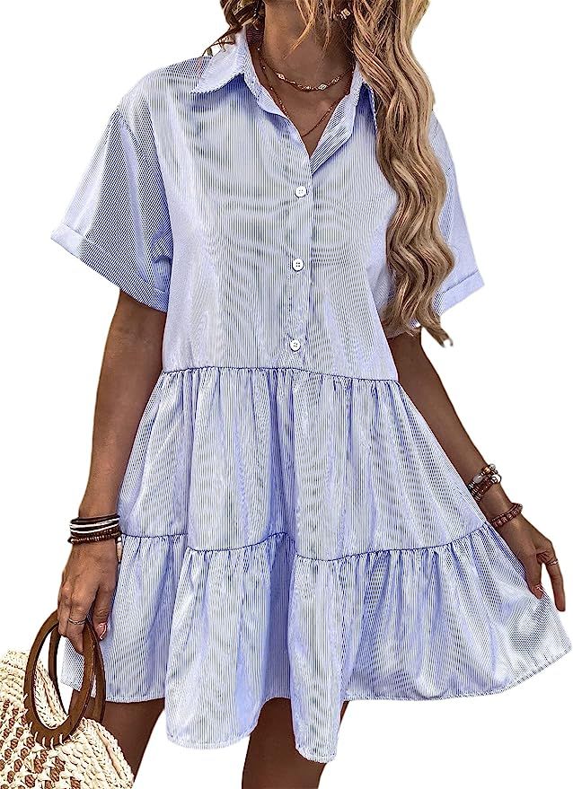 SheIn Women's Striped Short Sleeve A Line Dress Button Up Ruffle Hem Shirt Dresses | Amazon (US)