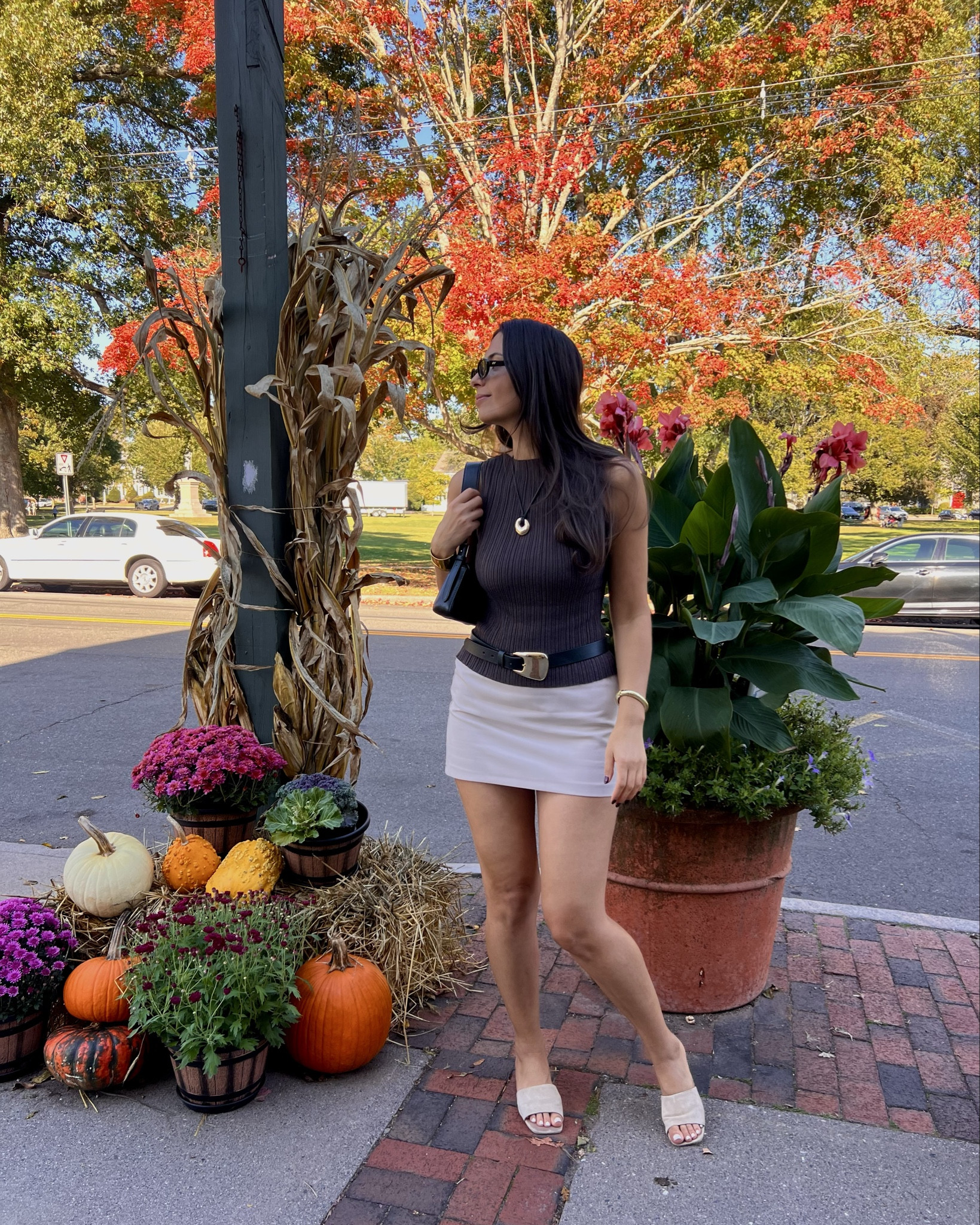 Warm weather fall ootd, mini skirt, mini skort, mocha brown, statement belt, suede sandals, fall outfits, fall outfit inspiration 

Top is mocha in a size small, mini skort is a size smalll


#LTKFindsUnder100