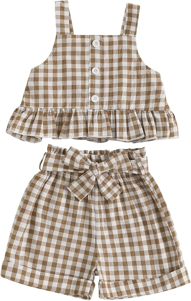 Giraropa Toddler Girl Outfits Set Ruffled Button Strap Crop Tops Plaid Shorts Set Matching Bowkno... | Amazon (US)