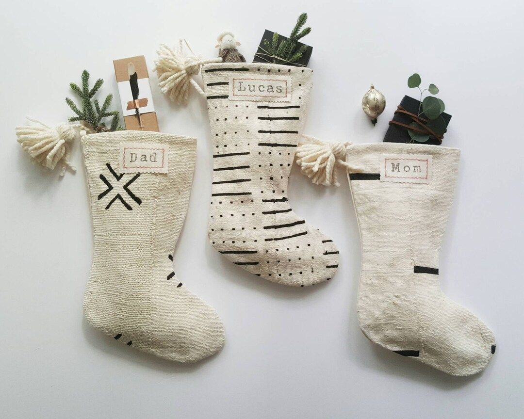 White and Black Mudcloth Christmas Stockings | Modern Farmhouse Mud Cloth Christmas Stocking | Bo... | Etsy (US)