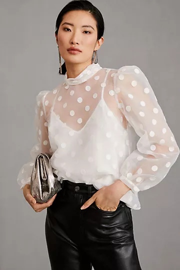 Flat White Sheer Polka-Dot Blouse | Anthropologie (US)