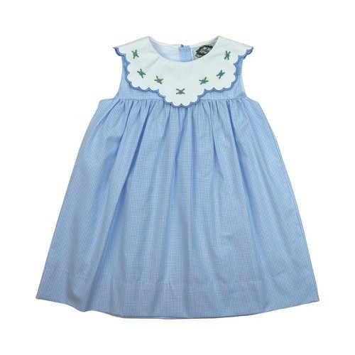 Blue Gingham Scalloped Collar Rosette Dress | Cecil and Lou