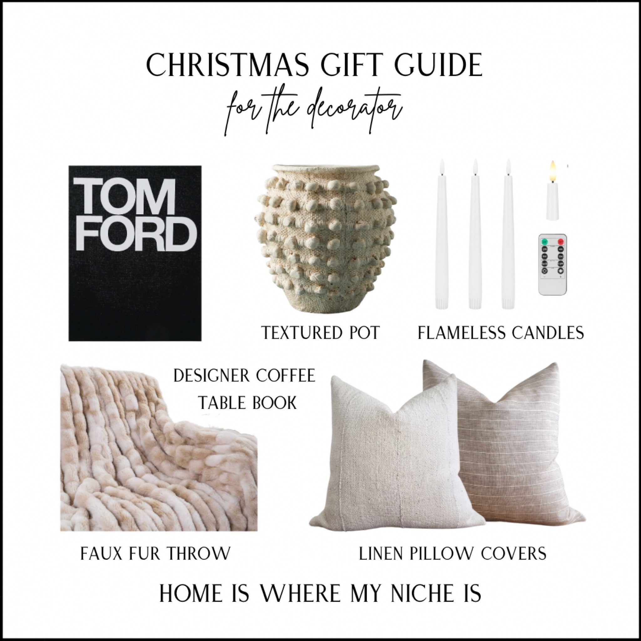 G I F T S / Christmas gift guide for the decorator 

+ designer coffee table book (on sale)
+ textured pot
+ flameless candles
+ mudcloth / linen pillow covers
+ faux fur throw

Amazon Canada | Etsy Canada | Anthropologie Canada

#LTKGiftGuide #LTKhome