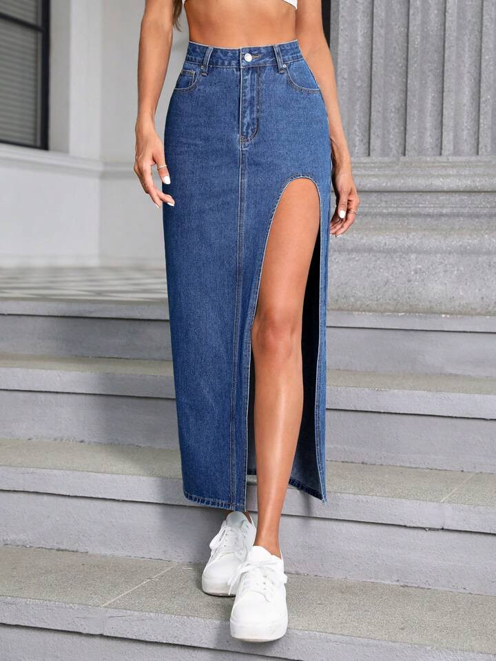 SHEIN Essnce High Waist Split Thigh Denim Skirt | SHEIN