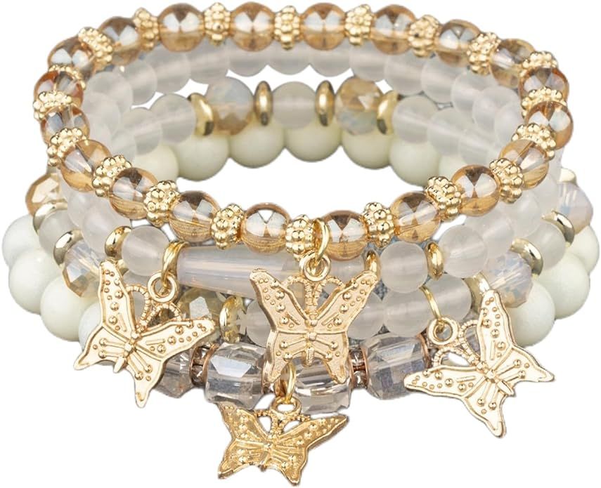 4Pcs Set Bohemian Butterfly Crystal Stone Stretch Pendant Bracelets for Women Girls Gold Beaded S... | Amazon (US)