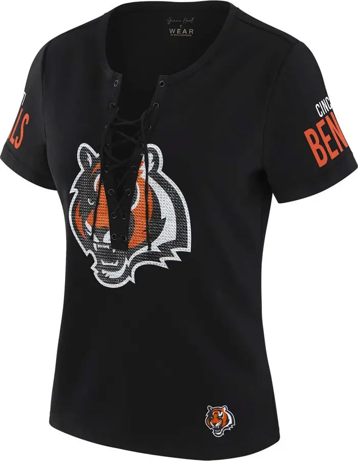 Women's WEAR by Erin Andrews x Gracie Hunt Black Cincinnati Bengals Draft Me Lace-Up T-Shirt | Nordstrom