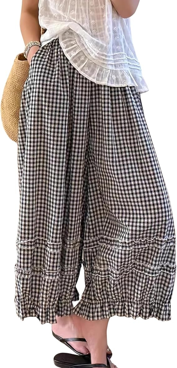 Athlisan Womens Gingham Wide Leg Pants Ruffle Elastic Waist Boho Summer Baggy Plaid Culottes Pala... | Amazon (US)