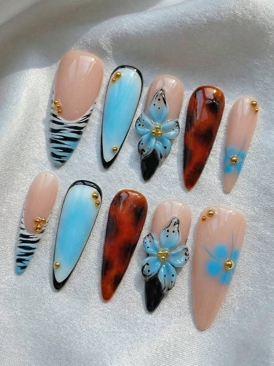 10 PCS Handmade Long Stiletto Press On Nails, Y2K Blue Zebra Print & Tortoise Shell With 3D Flowe... | SHEIN